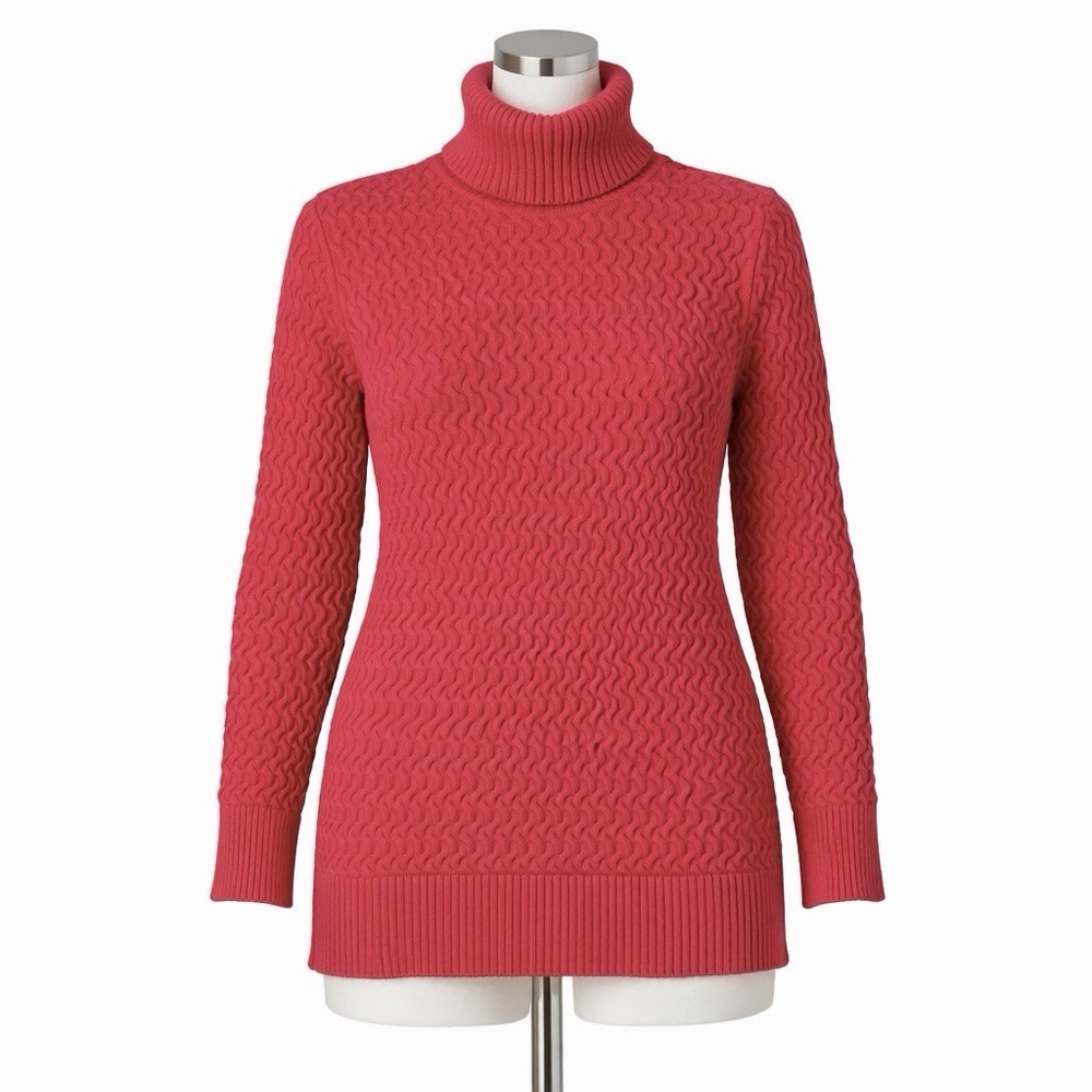 Lands End XS‎ Red Cable Knit Turtleneck Sweater Cotton Preppy Coastal Grandma